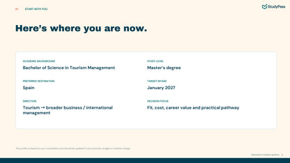 Sample StudyPass consultation profile with study goals and decision priorities